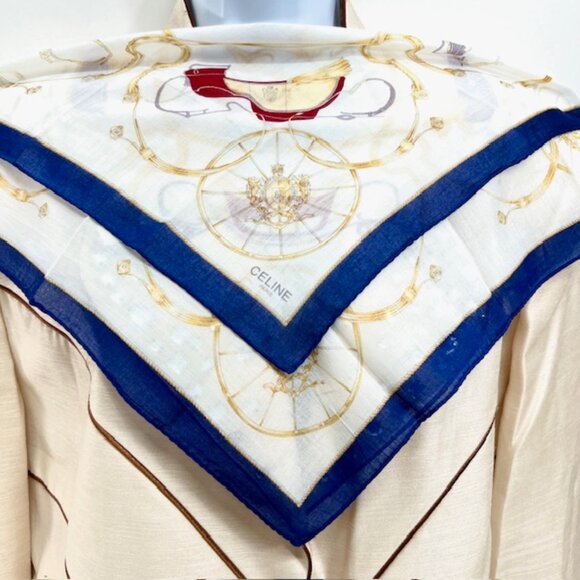 Unused Celine Paris Mini Scarf/Handkerchief Cotton 18 white chariot blue trim(59 - Picture 4 of 7